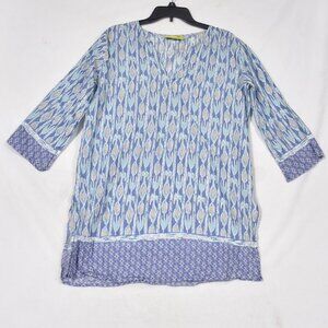 Rock Flower Paper Boho Tunic Top Women's Blue Ikat Print 3/4 Sleeve Lightweight